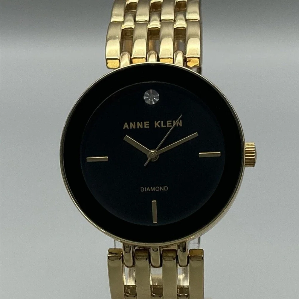 Anne Klein Womens Watch 30mm Black Dial Gold Tone Diamond New Battery 7.5